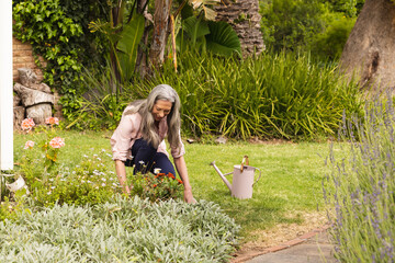 Senior woman kneeling and tending flower bed in private backyard garden, with pink watering can