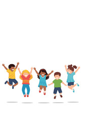 Joyful diverse children energetically jumping together in celebration of happiness and freedom