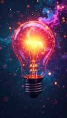 A lightbulb illuminates a swirling galaxy of bright ideas, bursting with vibrant colors and energy, symbolizing innovation and creativity ,  hope,  bright