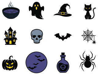 A collection of halloween themed icons including a ghost, pumpkin, cat, and other spooky elements