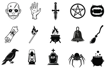 Collection of halloween themed black and white vector icons on a white background isolated set