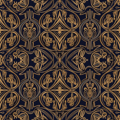 Ornate golden Art Nouveau style seamless pattern on a dark blue background for design projects, patern seamless, Stock royalty image.