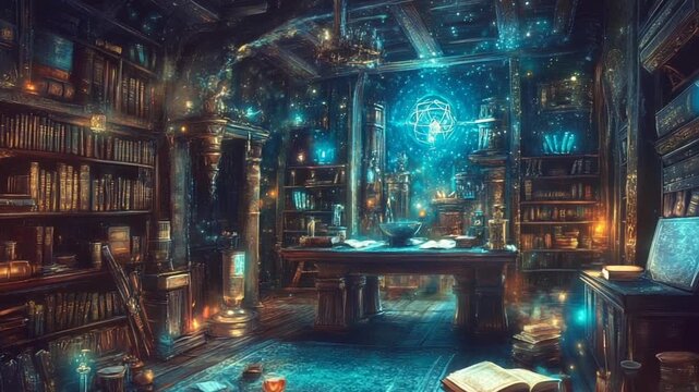 Enchanted library filled with glowing books and magic