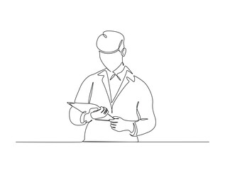 Continuous line art drawing of handsome businessman reading document. Businessman holding paper in single line art drawing vector illustration. Editable stroke.