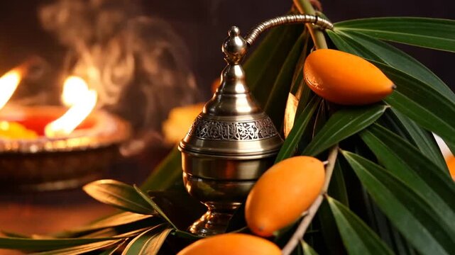 Sacred Ritual Scene with Smoking Incense Burner, Dates, and a Glowing Oil Lamp