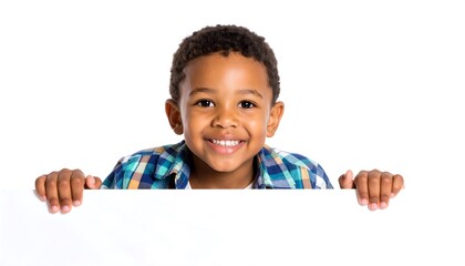 Happy child smiling peeking over a white board