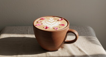 Artisan Coffee in Brown Cup with Floral Petals on Creamy Foam and Soft Natural Light