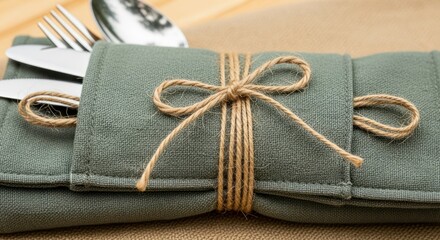 Elegant Table Setting with Silverware Wrapped in a Linen Napkin and Tied with Twine on Wooden Surface