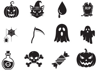 A collection of black halloween icons featuring pumpkins ghosts and other spooky elements in silhouette