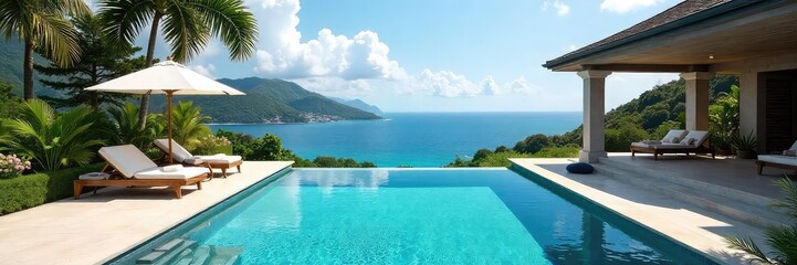 Luxury villa with private pool, breathtaking ocean views, spacious terrace, and lush gardens Perfect for a relaxing getaway , travel, exterior, garden