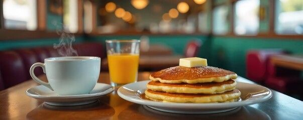 A classic diner scene with a steaming cup of coffee and a plate of freshly cooked pancakes, butter melting on top, capturing the warmth and comfort of a diner breakfast ,  morning,  napkin