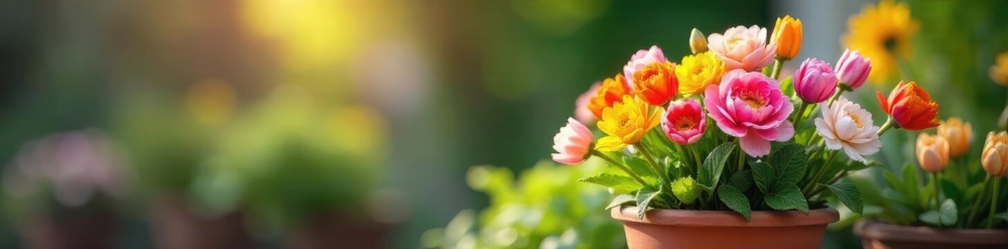 Fototapeta A cheerful spring scene featuring colorful flowers blossoming in a terracotta pot, ready to brighten any home or garden Perfect for home decor, gardening, and spring themes , spring, sunny, plant