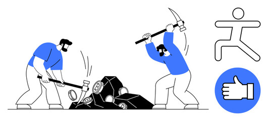 Two workers smash rocks with hammer and pickaxe, representing collaboration, effort, goal achievement, and perseverance. Ideal for teamwork, hard work, collaboration, persistence project completion