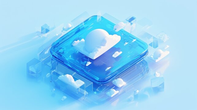 Abstract Cloud Computing Concept with Blue Cube and White Clouds - Powered by Adobe