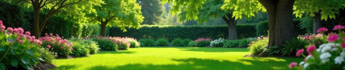 Obraz premium Serene backyard scene with lush green grass, vibrant flowers, and mature trees casting dappled shade Perfect for relaxation, nature, or garden-themed projects , backyard, shrubs, spring