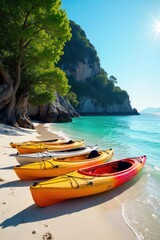 A family of kayaks rests on a sunny beach near calm turquoise water, ready for a relaxing day of paddling and exploration , landscape, sea