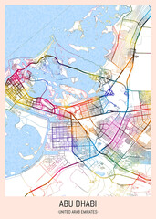 Abu Dhabi United Arab Emirates City Map. downtown printable Landmarks print painting, travel art banner modern city, urban city art, background abstract