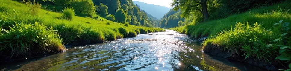 Serene River Flowing Through Lush Green Valley, Sunlight Dappling Water Surface, Tranquil Nature Scene, Pristine Environment, Clean Water, Natural Beauty