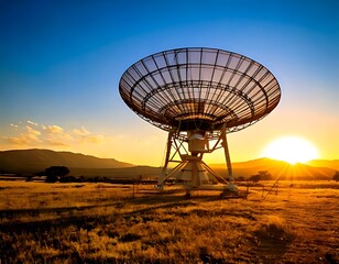 A radio telescope at sunset over a golden landscape