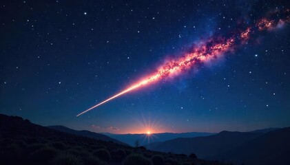 Spectacular view of a shooting star streaking across a dark night sky, leaving a brilliant trail of light Perfect for astronomy, space, and fantasy themes , awe-inspiring, majestic