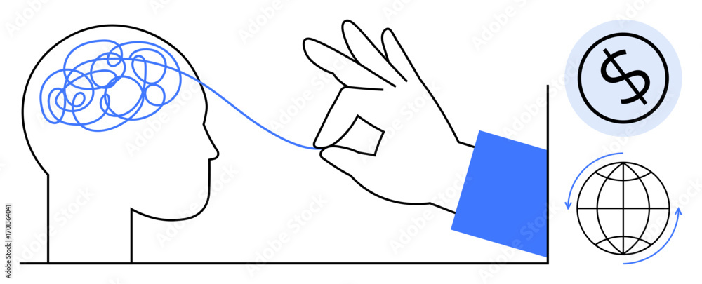 Aufkleber hand pulls string from tangled brain symbolizing clarity. dollar and globe icons suggest global comm