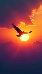 Fototapeta premium A lone bird in flight against a vibrant sunset, symbolizing liberation and the boundless possibilities of open skies , motivation, untamed, beautiful