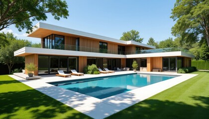 Fototapeta premium Modern Luxury Home with Swimming Pool and Lush Green Lawn