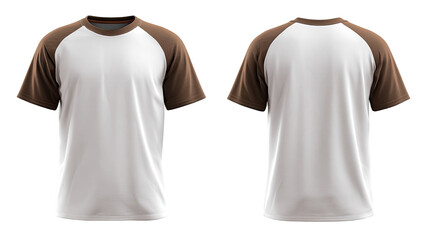 Front and back view of a blank, short-sleeved t-shirt.  Cream/white base, brown raglan sleeves.  Flat lay, digital rendering