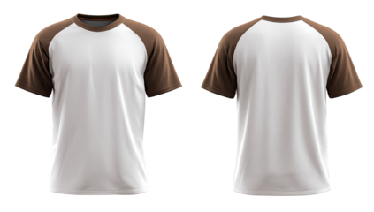 Front and back view of a blank, short-sleeved t-shirt.  Cream/white base, brown raglan sleeves.  Flat lay, digital rendering