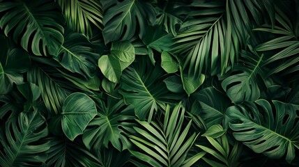 Jungle tropical foliage background. Green lush pattern texture card