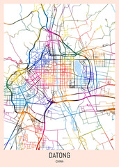 Datong China City Map. downtown printable Landmarks print painting, travel art banner modern city, urban city art, background abstract