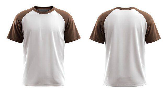 Front and back view of a blank, short-sleeved t-shirt.  Cream/white base, brown raglan sleeves.  Flat lay, digital rendering