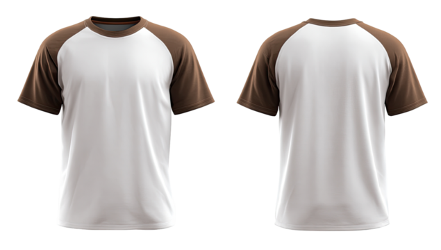 Front and back view of a blank, short-sleeved t-shirt.  Cream/white base, brown raglan sleeves.  Flat lay, digital rendering