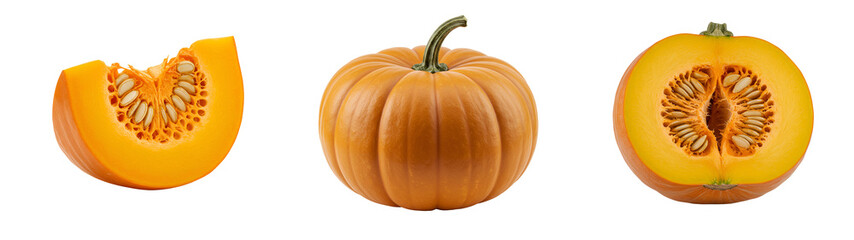 Fresh vibrant pumpkin slices and whole gourd perfect for autumn harvest recipes and seasonal decor with transparent background