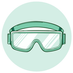 Vector drawing of eye protective wear in sea green on light sea green background in a circle.