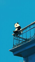 Obraz premium Panda Sculpture Perched on a Balcony Against a Clear Blue Sky