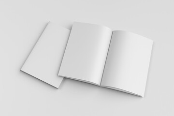 Portrait A4 magazine or book mockup with plain cover and open pages, isolated on light grey background