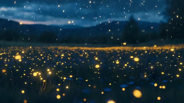 Enchanted meadow filled with glowing fireflies at dusk