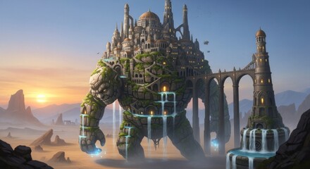 Fantasy Cityscape Constructed On Stone Golem At Sunset With Dramatic Sky