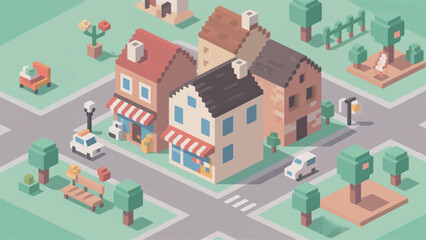 illustration of a small town made of pixel icons vector design template