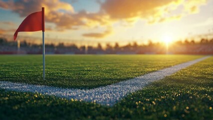 Sunrise Soccer Field: A vibrant shot of a soccer field at sunrise, a red flag marks the corner. The vast green expanse and striking white lines of the pitch, as the day unfolds, invite sports fans.