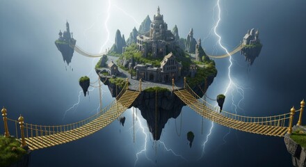 Fantasy Floating Island Fortress Connected By Golden Bridges Against A Stormy Sky With Lightning Strikes