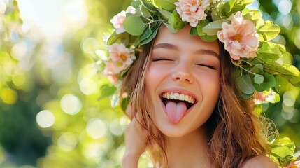 Pretty cheerful girl or beautiful woman winking and showing tongue with floral wreath of flowers and green leaves