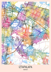 Iztapalapa de Cuitláhuac Mexico City Map. downtown printable Landmarks print painting, travel art banner modern city, urban city art, background abstract