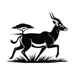 Elegant Antelope Silhouette Running Freely Across the Savannah with Acacia Tree Illustration