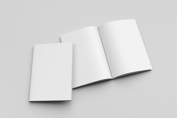 Portrait A4 magazine or book mockup with plain cover and open pages, isolated on light grey background
