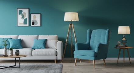 Living room interior with teal accents and artwork