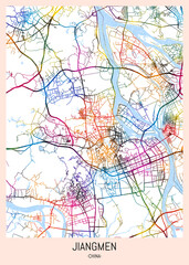 Jiangmen China City Map. downtown printable Landmarks print painting, travel art banner modern city, urban city art, background abstract