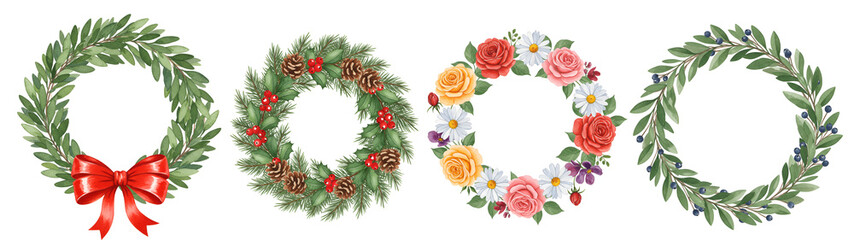 Fototapeta premium Festive holiday and floral wreaths perfect for seasonal decor and joyful celebrations with transparent background
