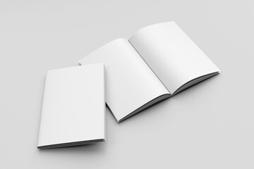 Portrait A4 magazine or book mockup with plain cover and open pages, isolated on light grey background